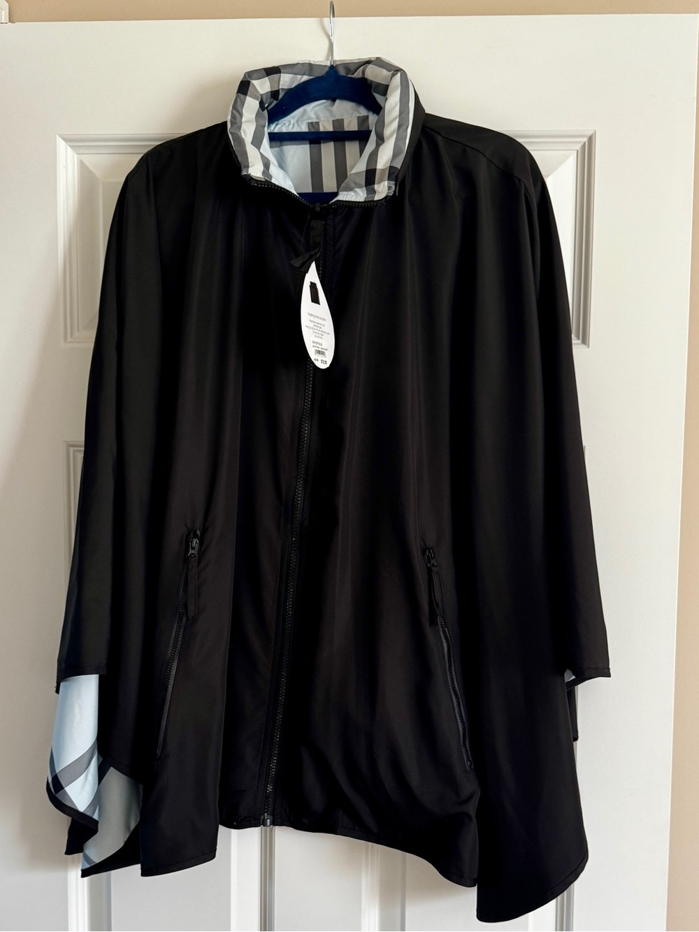 NWT RainRaps Black Reversible Cape Poncho with Plaid Trim Hood OS